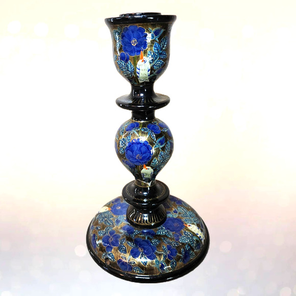 Hand Painted Blue & Gold Floral with White Bird Wooden Candlestick Holder 7.75" - Picture 2 of 10